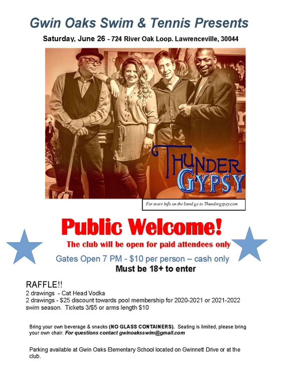 Flyer for Thunder Gypsy Live Band June 26 2021